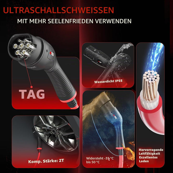 Typ 2 EV-Ladekabel – 7kW 5m Modus 3-Stromkabel für Elektro- und Hybridfahrzeuge | Einphasig 32-A-tra
