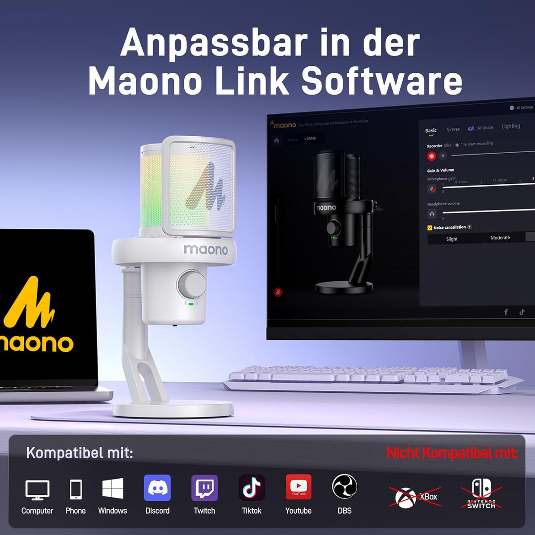 MAONO Mikrofon Kabellos für PC, Gaming Mikrofon mit Software-AI-Stimmänderung, Geräuschunterdrückung