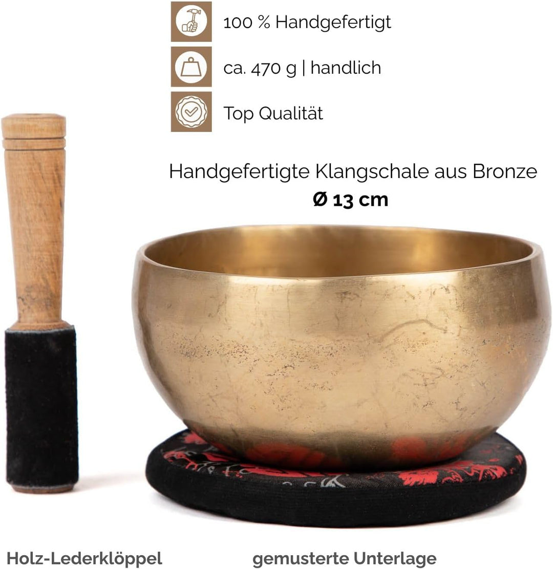 Bodhi Tibetische Klangschale Ø 13 cm | Handgefertigtes Klangschalen Set inkl. Kissen & Klöppel | Sin