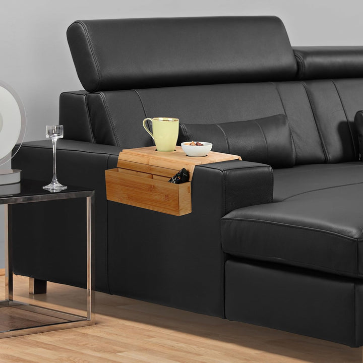 Relaxdays Sofatablett Armlehne, Bambus, HBT: 5,5 x 50 x 33,5 cm, Sofaablage mit Untersetzern, 2 Fäch