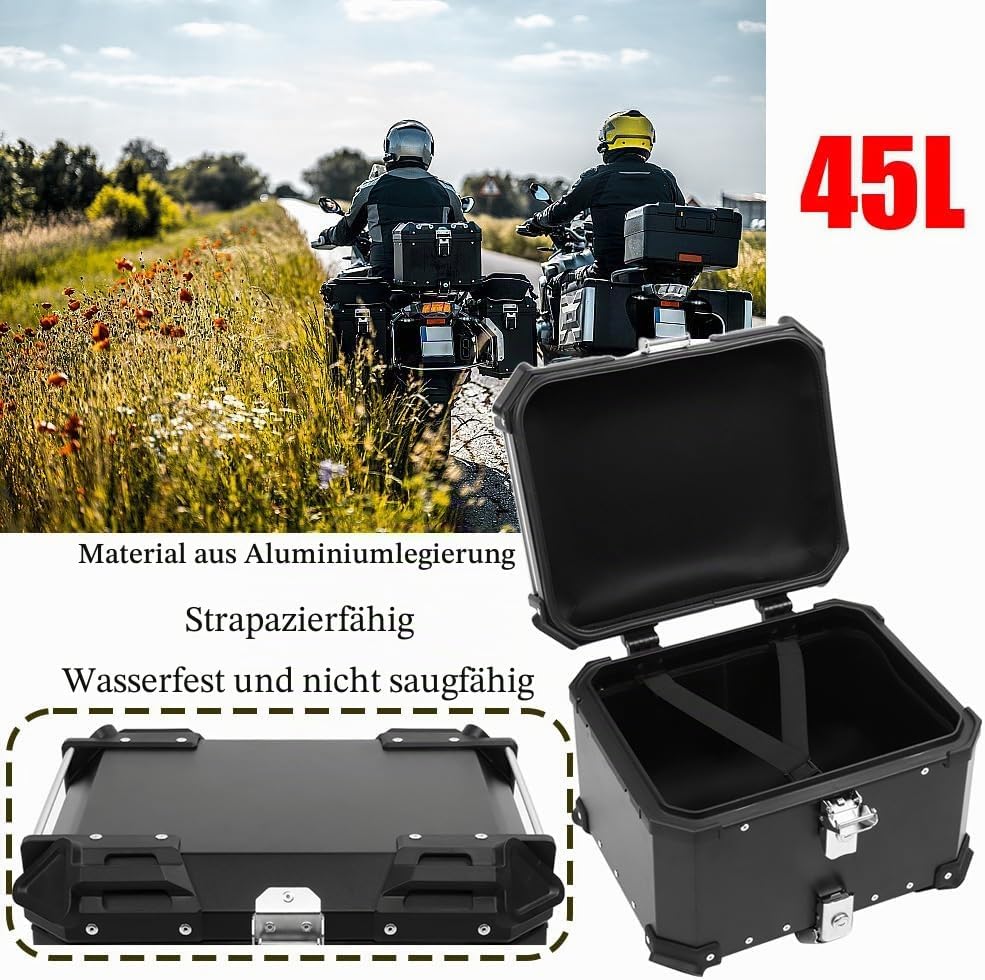 BigKing Motorrad Topcase 45L – Wasserdichter Motorradkoffer mit Schloss & 2 Schlüsseln, Universal He