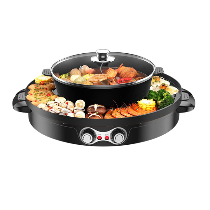 2200W Electric Grill and Hot Pot 2 in 1, Round Table BBQ Grill with Dual Split Non-Stick Pan, 220V C