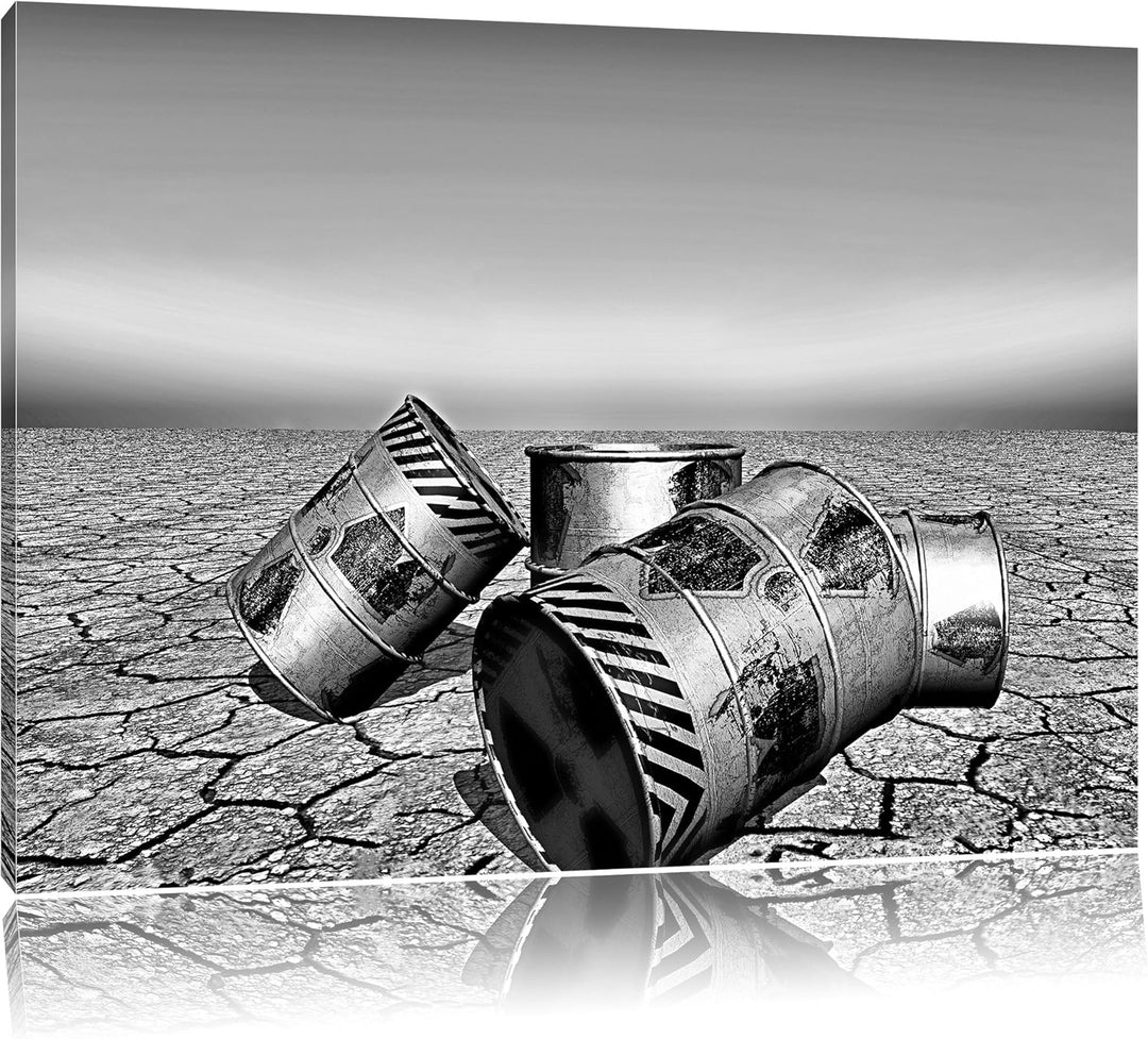 Pixxprint Monocrome, Atommüllfässer in ausgetrockneter Wüste als Leinwandbild | Grösse: 100x70 cm |
