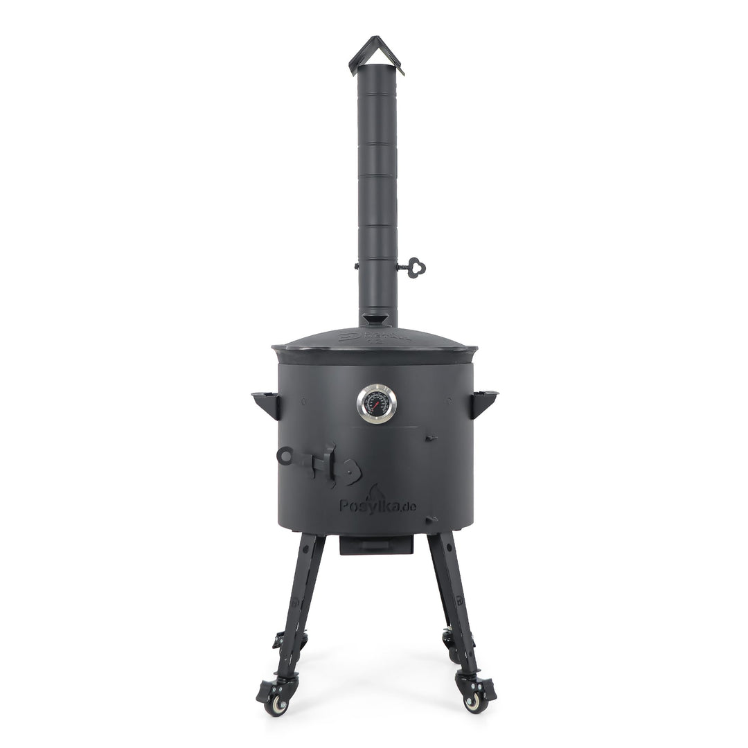 Utschak Feuerofen Ø 40 cm + Gusseisen-Kasan 12 L, runder Boden + Küchenzubehör, Usbekischer Kochtopf