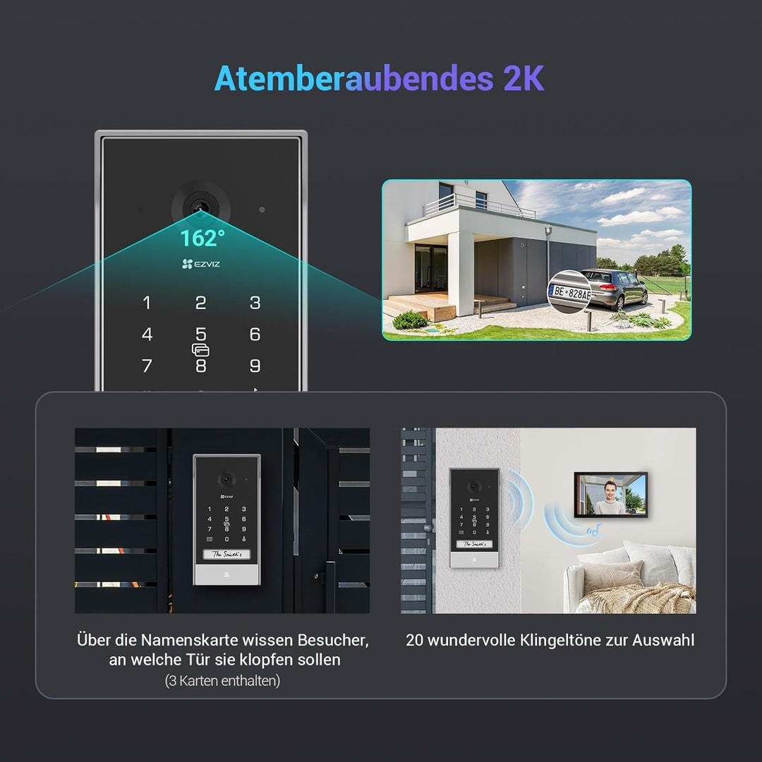 EZVIZ Akku Video Türsprechanlage mit Solarpanel, 2K Gegensprechanlage mit Kamera, 7" Farb-Touchscree