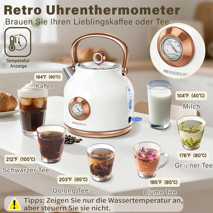 NESSGRAIM Retro Wasserkocher, 1,7 l Edelstahl-Teekessel mit Grosser Temperaturanzeige, 2200W Schnell