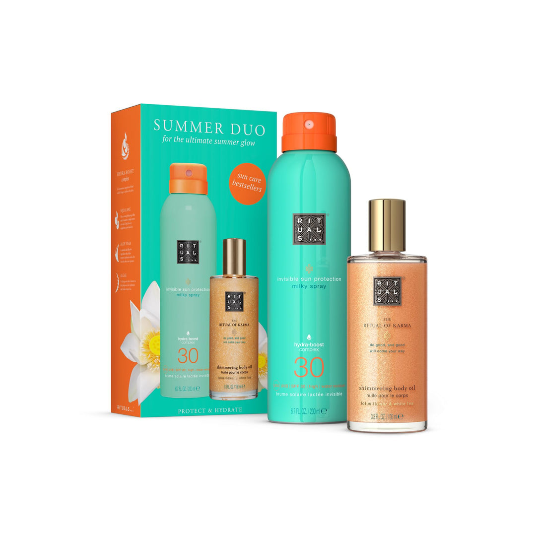 Rituals The Ritual of Karma – Summer Duo – Sonnencreme Spray mit LSF 30 und schimmerndes Körperöl –