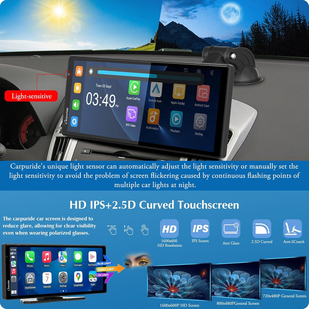 2025 Carpuride W903 Tragbares Kabelloses Carplay&Android Auto mit Dashcam 9,3-Zoll-HD-IPS-Bildschirm