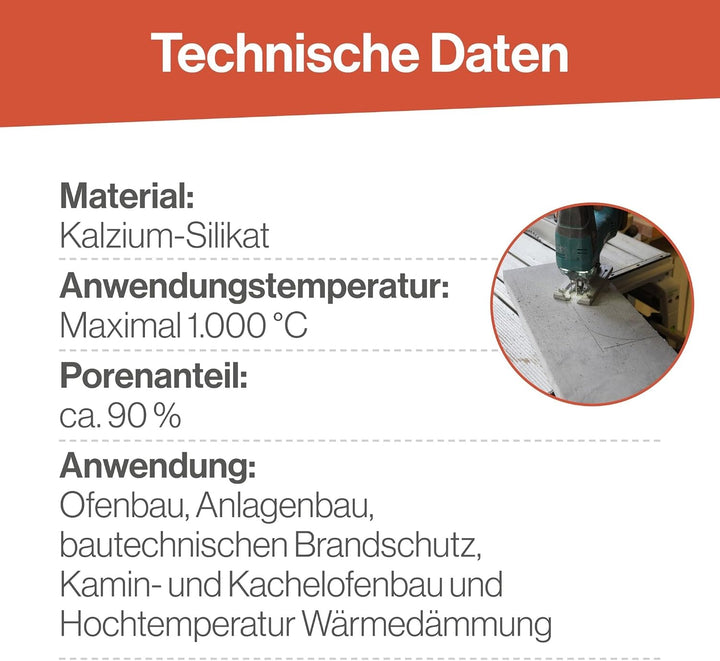 Feuerfest 123 - Kalziumsilikatplatte 500x300x100 mm, Dämmplatten für Öfen &amp; Kamine, CaSi Klimaplatte