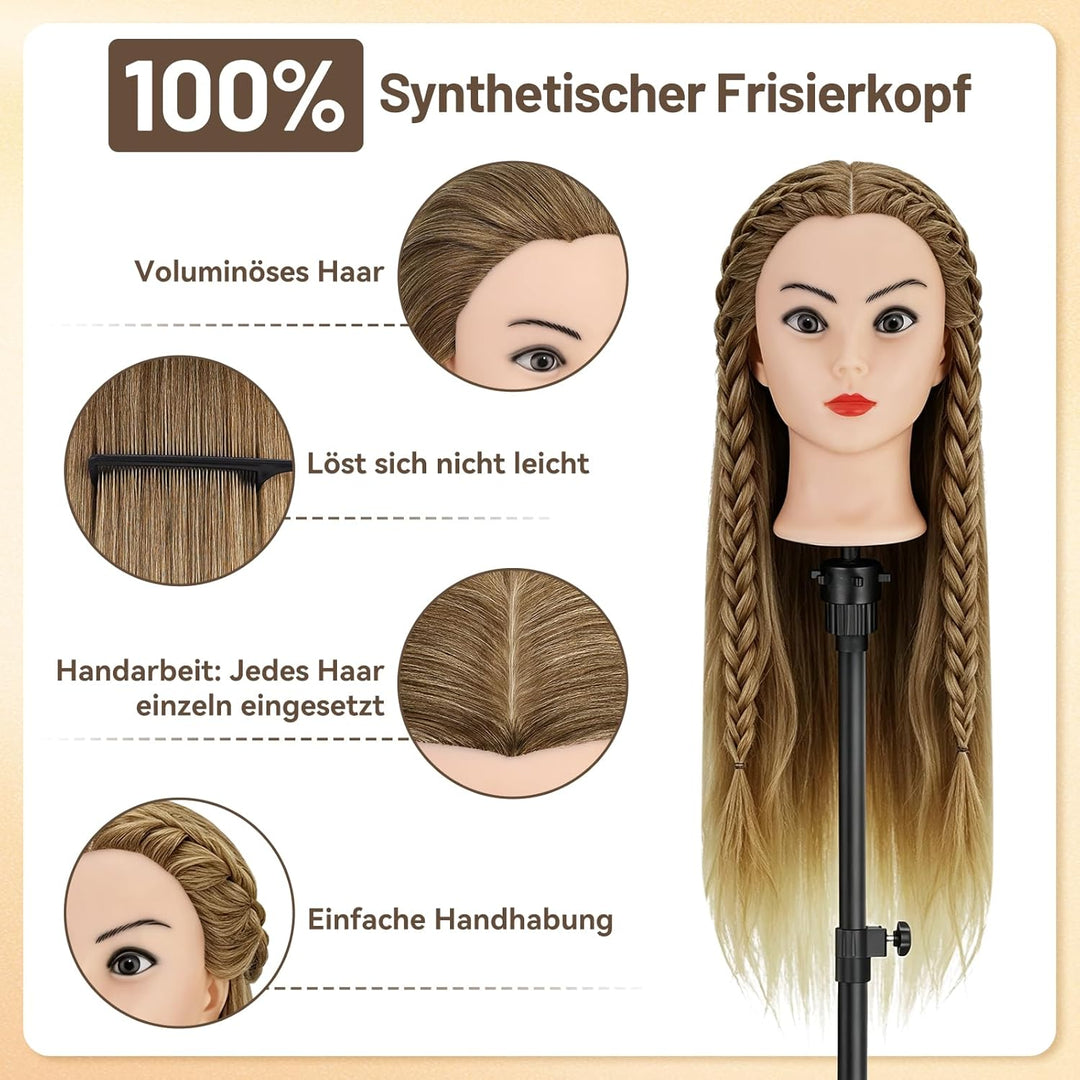 TwoWin Friseurkopf mit Haaren, 29 Zoll (74 cm) 100% Synthetischer Übungskopf, Trainingskopf Friseur