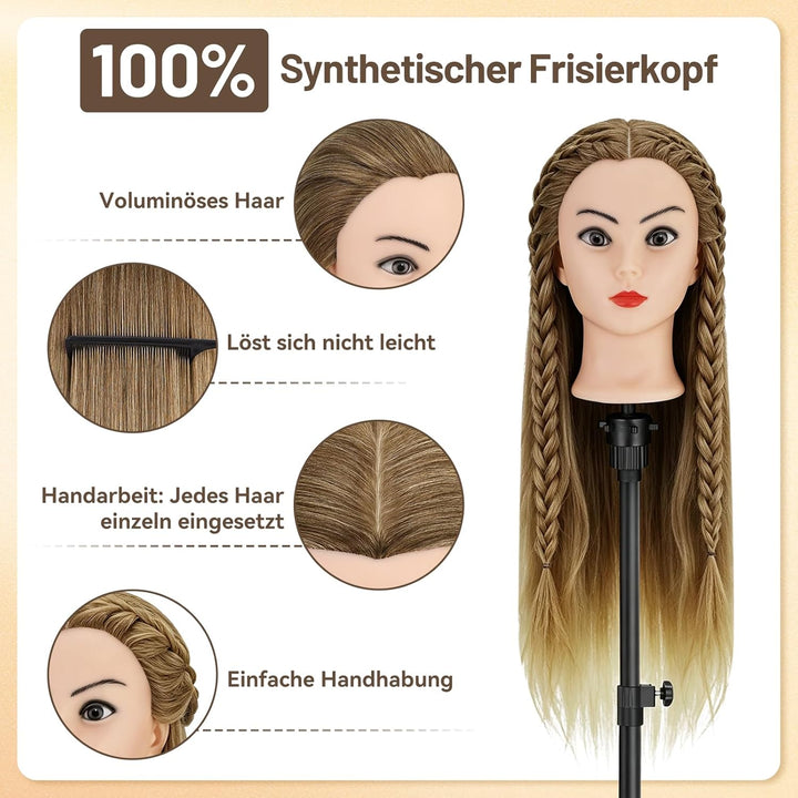 TwoWin Friseurkopf mit Haaren, 29 Zoll (74 cm) 100% Synthetischer Übungskopf, Trainingskopf Friseur