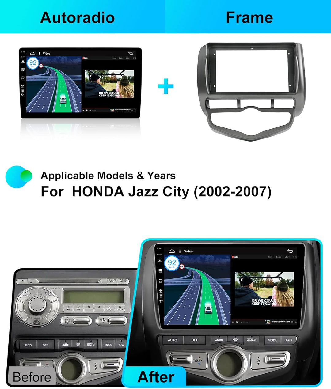 9 Zoll [2G+64G] Autoradio für Honda Fit/City/Jazz (2002-2007) GPS Navigation - Wireless CarPlay Andr