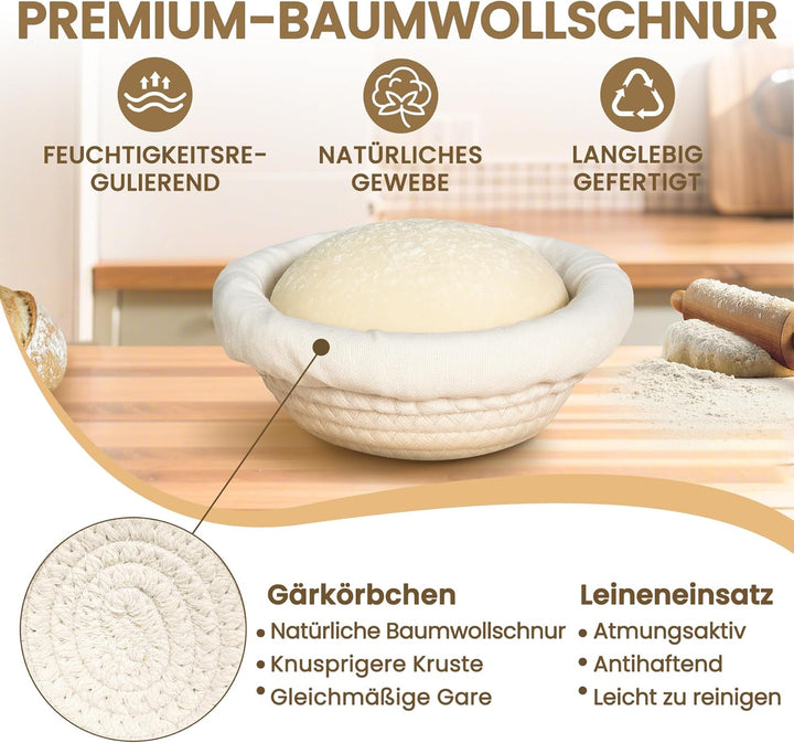 Mini-Gärkorb (14 cm, 6er-Set), Mini-Banneton-Korb aus natürlicher Baumwollkordel & Einlage, Sauertei