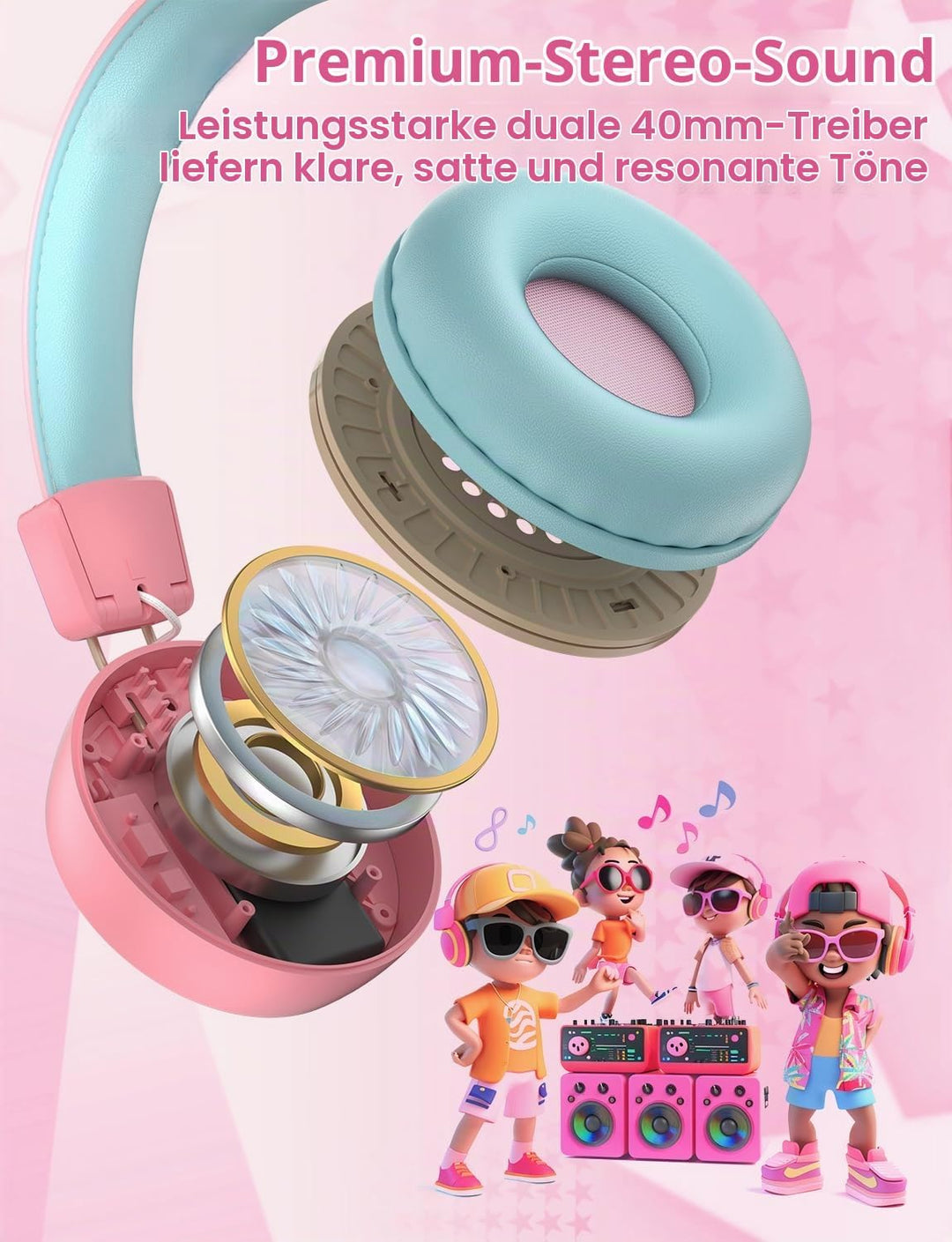 riyo Bluetooth Kopfhörer Kinder, Kinderkopfhörer Kabellos mit LED-Leuchten Bluetooth 5.0 Kinder Kopf