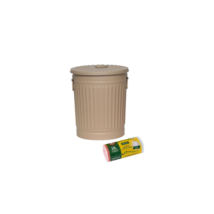 Jinfa 1 Retrodesign Metalleimer mit Griffen und Deckel + 50 Müllbeutel | Beige | 18L 1 Mülleimer 18L