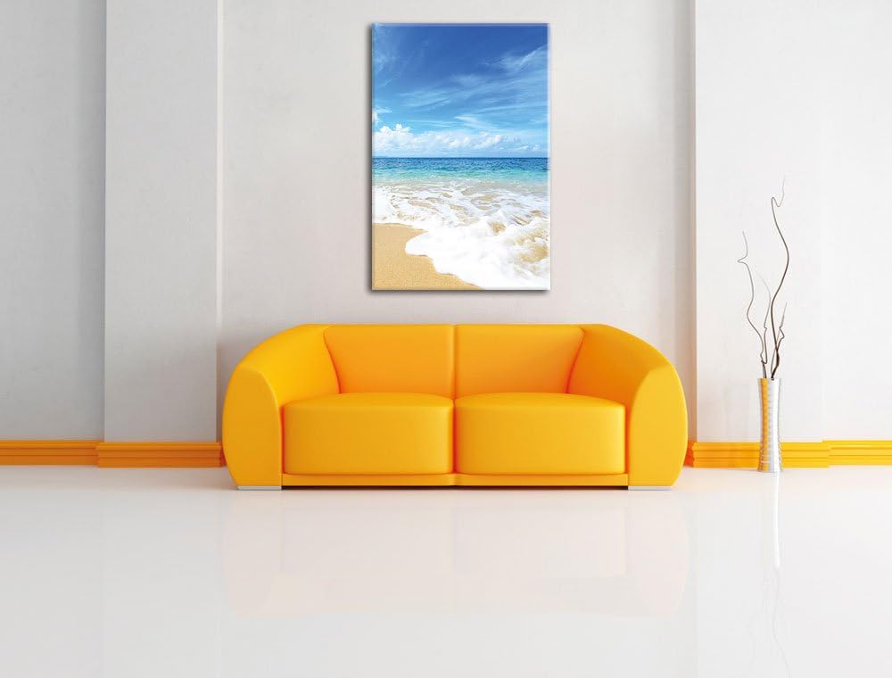 Pixxprint Sand Strand Wellen Sonne / 100x70cm Leinwandbild bespannt auf Holzrahmen/Wandbild Kunstdru