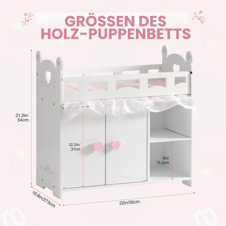 ROBUD Puppenbett mit Kleiderschrank – Holz Spielmöbel für Puppen bis 55 cm, mit Zubehör & grossem St