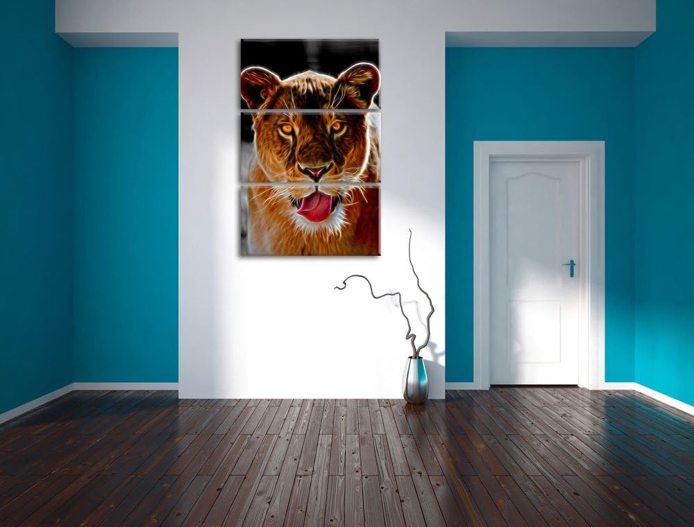 Dark schöne Löwin schwarz/weiss Deluxe 3-Teiler Leinwandbild 120x80 Bild auf Leinwand, XXL riesige B