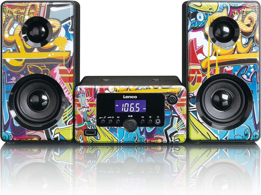 Lenco MC-020 Tags – Mikro-Stereoanlage mit FM-Radio, Bluetooth, USB und AUX, Weckfunktion, USB-Lader