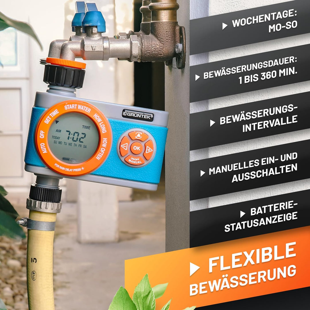 GRÜNTEK Digitale Bewässerungssteuerung mit Digitalanzeige, Flexibler Bewässerungscomputer mit Wahl d