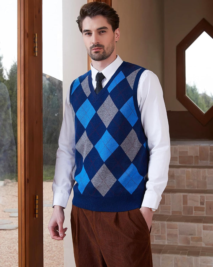 Kallspin Herren Argyle Gestrickt Ärmellos Pullover Wollmischung V-Ausschnitt Strickwesten M Marinebl