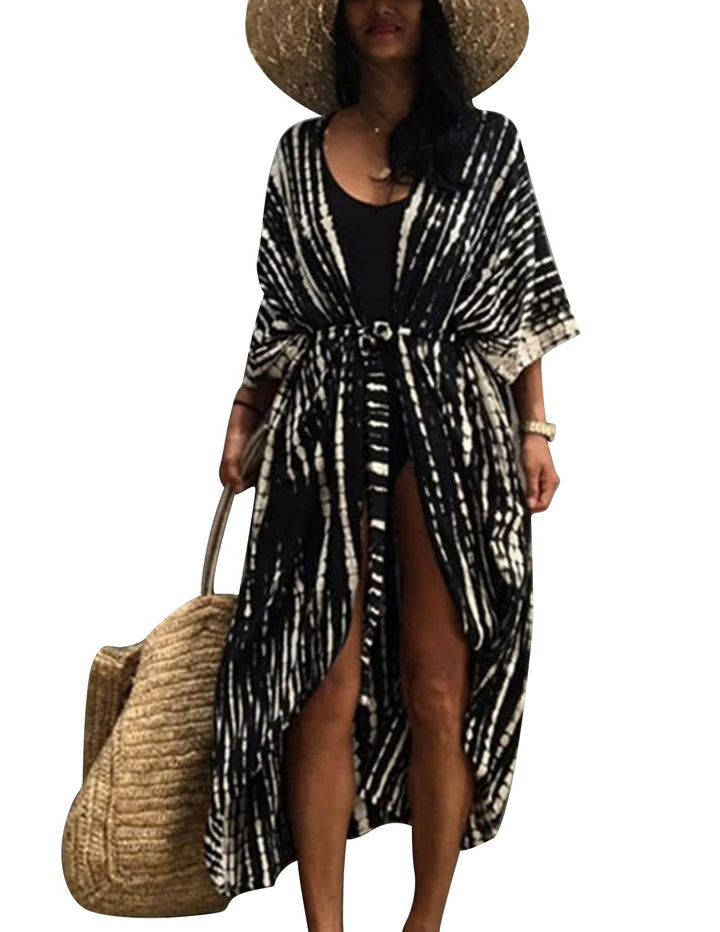 Damen Boho Strandkleid Badeanzug Bedecken Pareos Kimono Cardigan Maxikleid mit Gürtel Bluse Bikini C