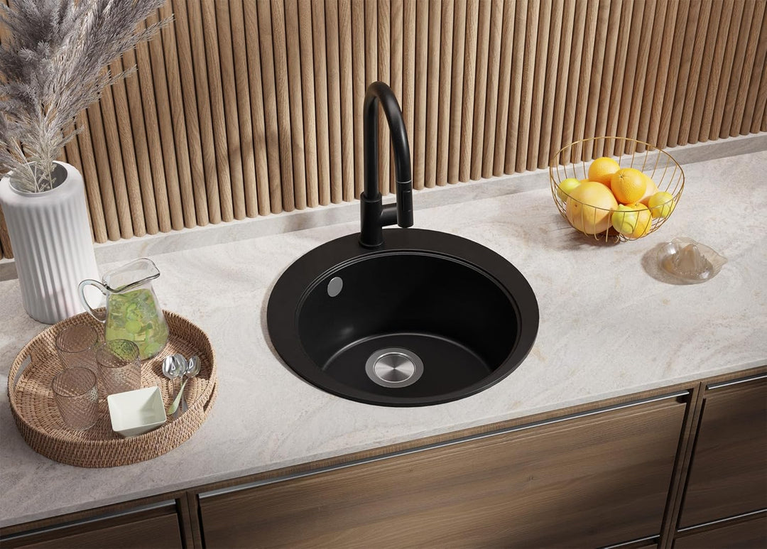 PRIMAGRAN Spülbecken Rund Schwarz 50x50cm, Granitspüle 1 Becken + Ablauf-Set, Küchenspüle ab 45er Un