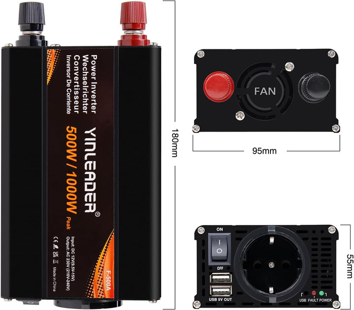 Yinleader Wechselrichter 500W DC 12V auf 230V AC und 1 EU Steckdose 2 USB KFZ-Spannungswandler, 500W