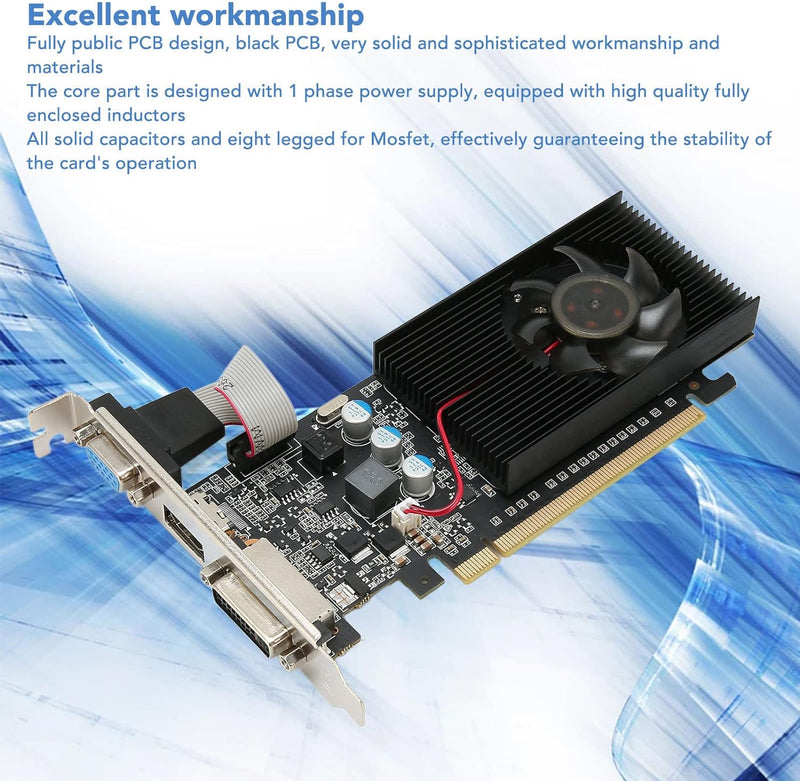 Dpofirs GT210-Grafikkarte, DDR3 1 GB 64-Bit-Gaming-Grafikkarte mit HDMI-DVI-VGA-Anschlüssen, PCIe 2.