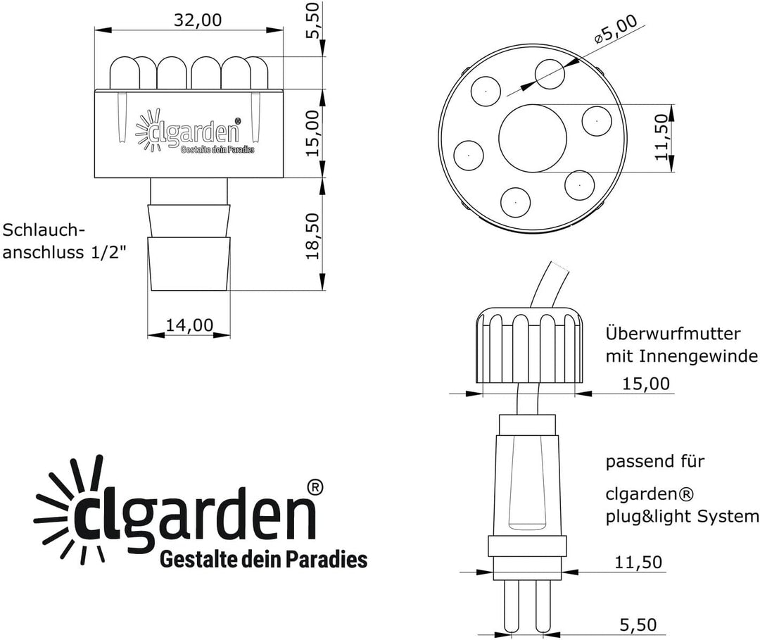 CLGarden Springbrunnen Pumpe SP1 Springbrunnenpumpe 12V mit 1x LED Ring Beleuchtung