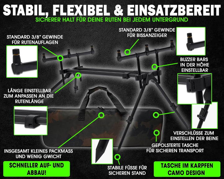 Angel-Berger Magic Baits Luxus Rod Pod mit Funkbissanzeiger Set Tasche Rutenauflagen Bite Indicator