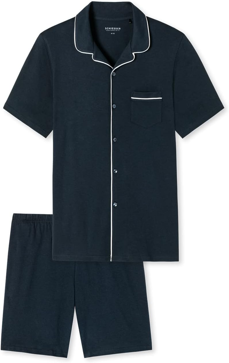 Schiesser Herren Schlafanzug kurz mit Knöpfen wärmere Baumwolle - Fein Interlock, 48