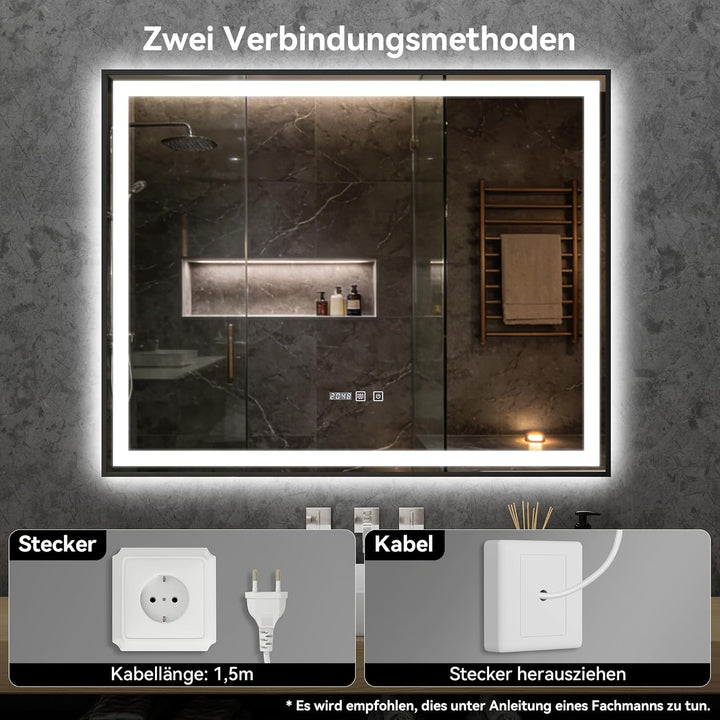 YU YUSING Badspiegel mit Beleuchtung 100x80cm Badezimmerspiegel mit Beschlagfrei 3 Lichtfarbe Dimmba