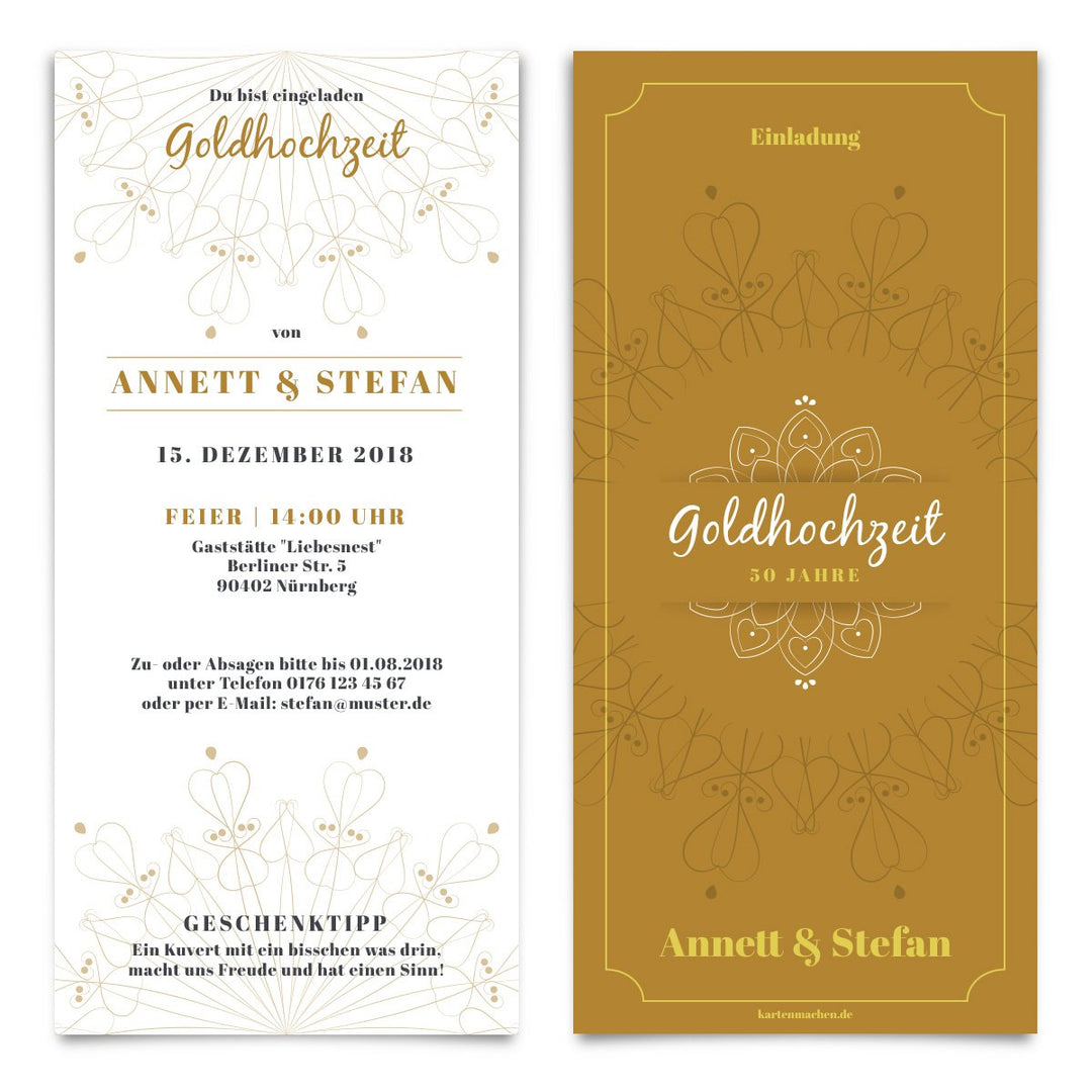 10 x Hochzeitseinladungen Goldhochzeit goldene Hochzeit Einladung individuell - Blumen Ornamente 10