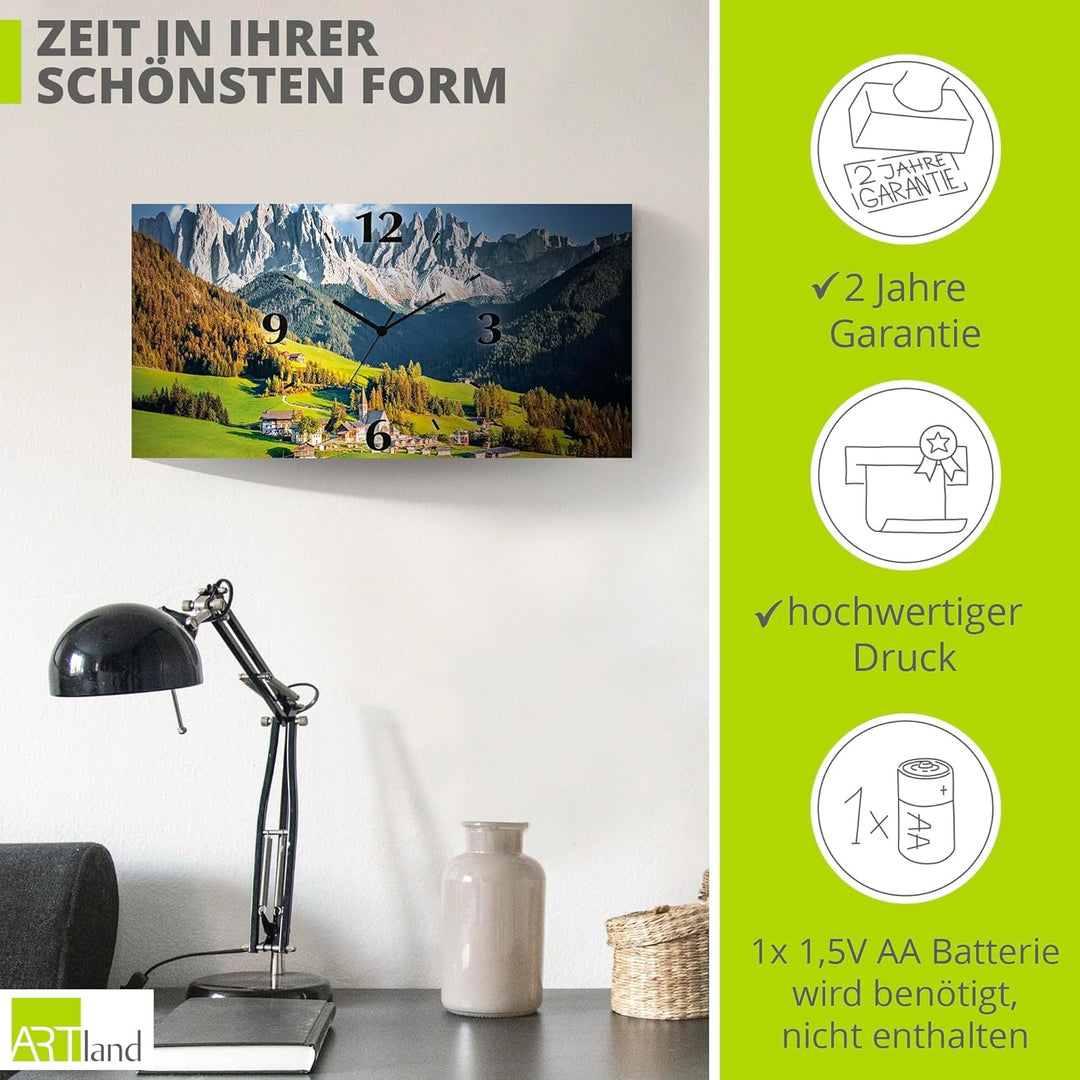 ARTLAND Wanduhr ohne Tickgeräusche Alu Quarzuhr lautlos 60x30 cm Rechteckig Landschaftsbilder Natur