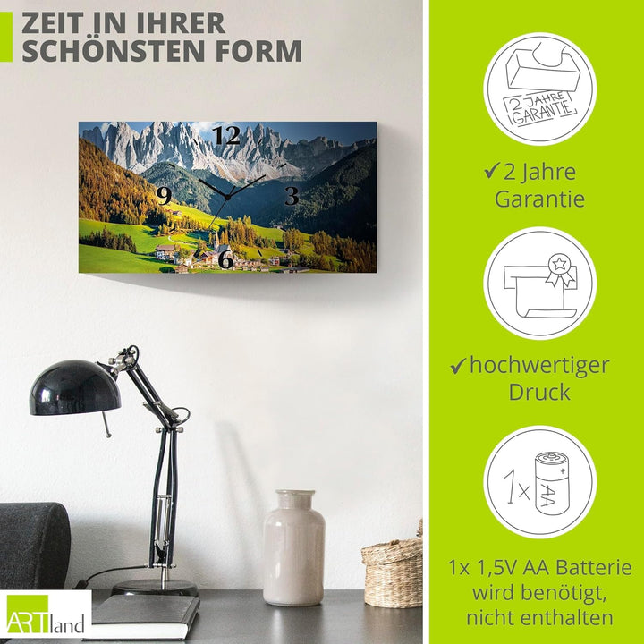 ARTLAND Wanduhr ohne Tickgeräusche Alu Quarzuhr lautlos 60x30 cm Rechteckig Landschaftsbilder Natur