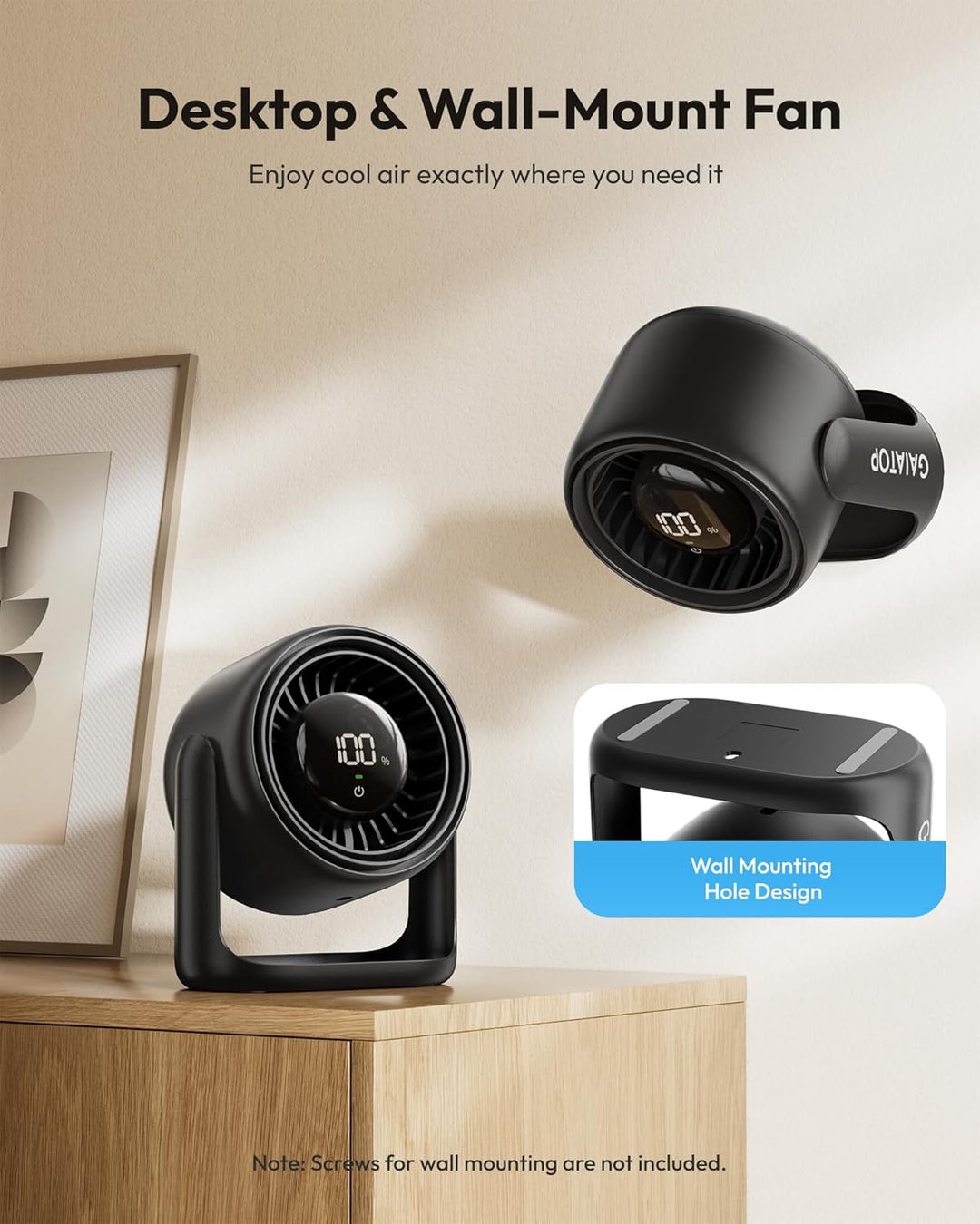 Gaiatop Tischventilator mit Touch-Steuerung, 4000-mAh-Akku, 5 Speeds, leiser Mini-Ventilator mit LED
