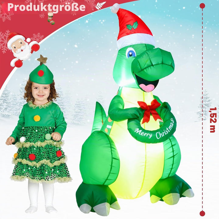 Ycolnaefllr 152 cm Weihnachtsdekoration aufblasbarer Dinosaurier, grüner Dinosaurier mit Weihnachtsm