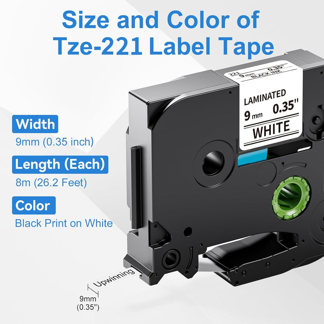 Upwinning kompatibel Brother P-touch bänder 9mm TZe-221 TZe221 AZe-221, Ersatz Brother P-touch Label
