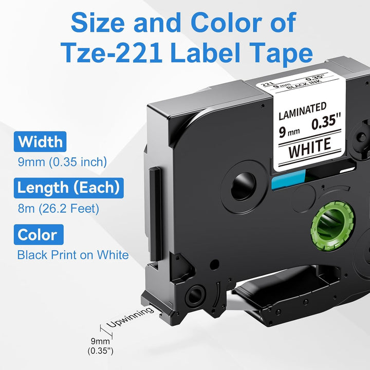 Upwinning kompatibel Brother P-touch bänder 9mm TZe-221 TZe221 AZe-221, Ersatz Brother P-touch Label