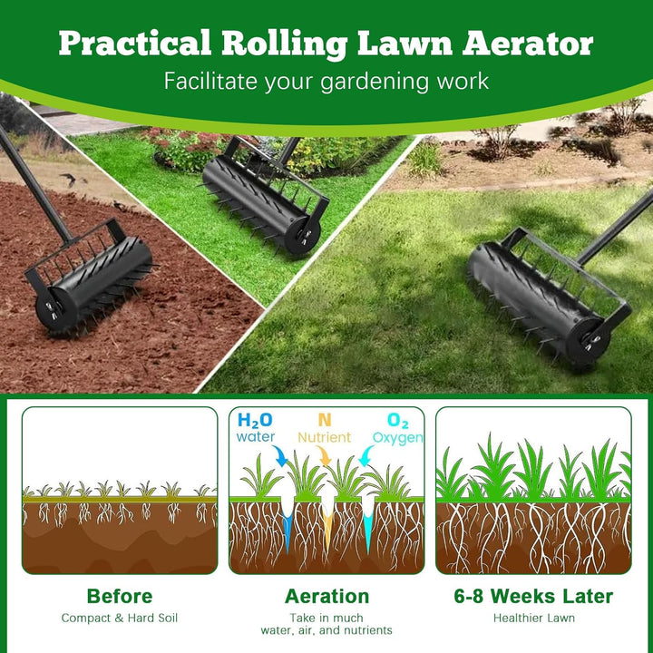 Aerifizierer für Rasen, Walzentyp Rasenbelüfter, Hand Rasenlüfter mit Stiel & 5cm Nägeln & Spritzsch