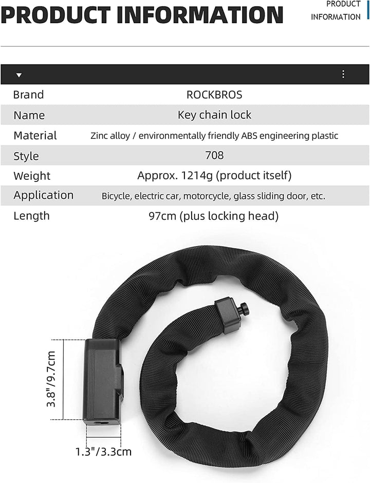 ROCKBROS Fahrradschloss 97cm/42.68mm Fahrrad Kettenschloss Hohe Sicherheitsstufe mit 2 Schlüssel, Wa