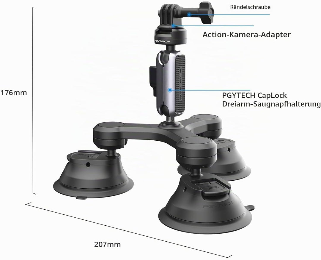 PGYTECH CapLock Dreifach-Saughalterung für DJI OSMO Action 4/3/2, Gopro Hero 12/11/10/9 mit 1/4"-20