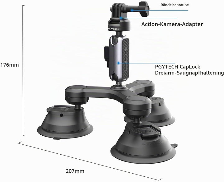 PGYTECH CapLock Dreifach-Saughalterung für DJI OSMO Action 4/3/2, Gopro Hero 12/11/10/9 mit 1/4"-20