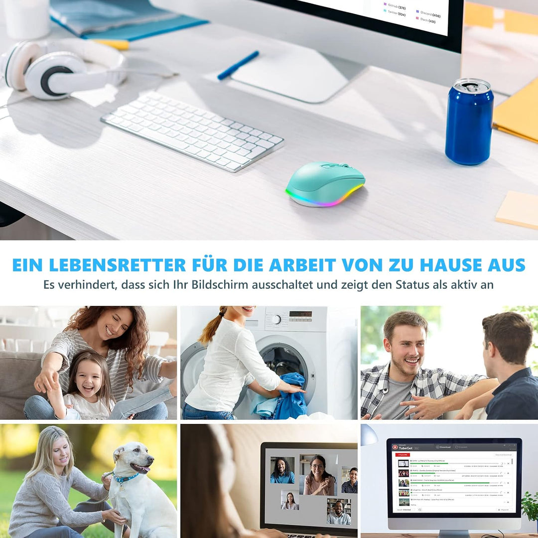 seenda Kabellose Maus mit Jiggler, RGB-Beleuchtung, 2000 DPI, Blaugrün | Wiederaufladbare 2.4G USB V