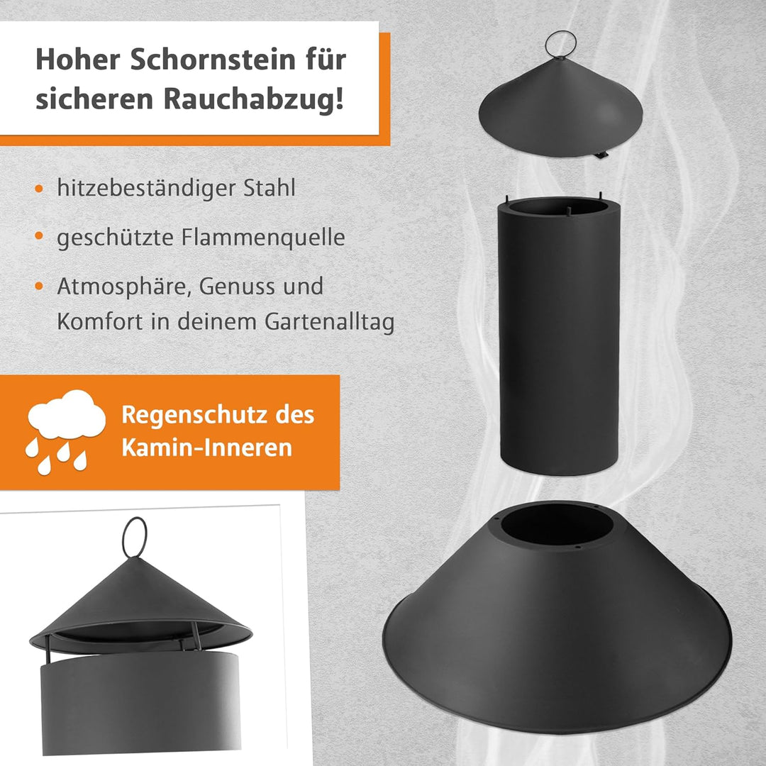 Lemodo Gartenkamin mit Grillrost und Pfanne, Outdoor-Kamin 136cm mit Funkenschutztür, Grillkamin für