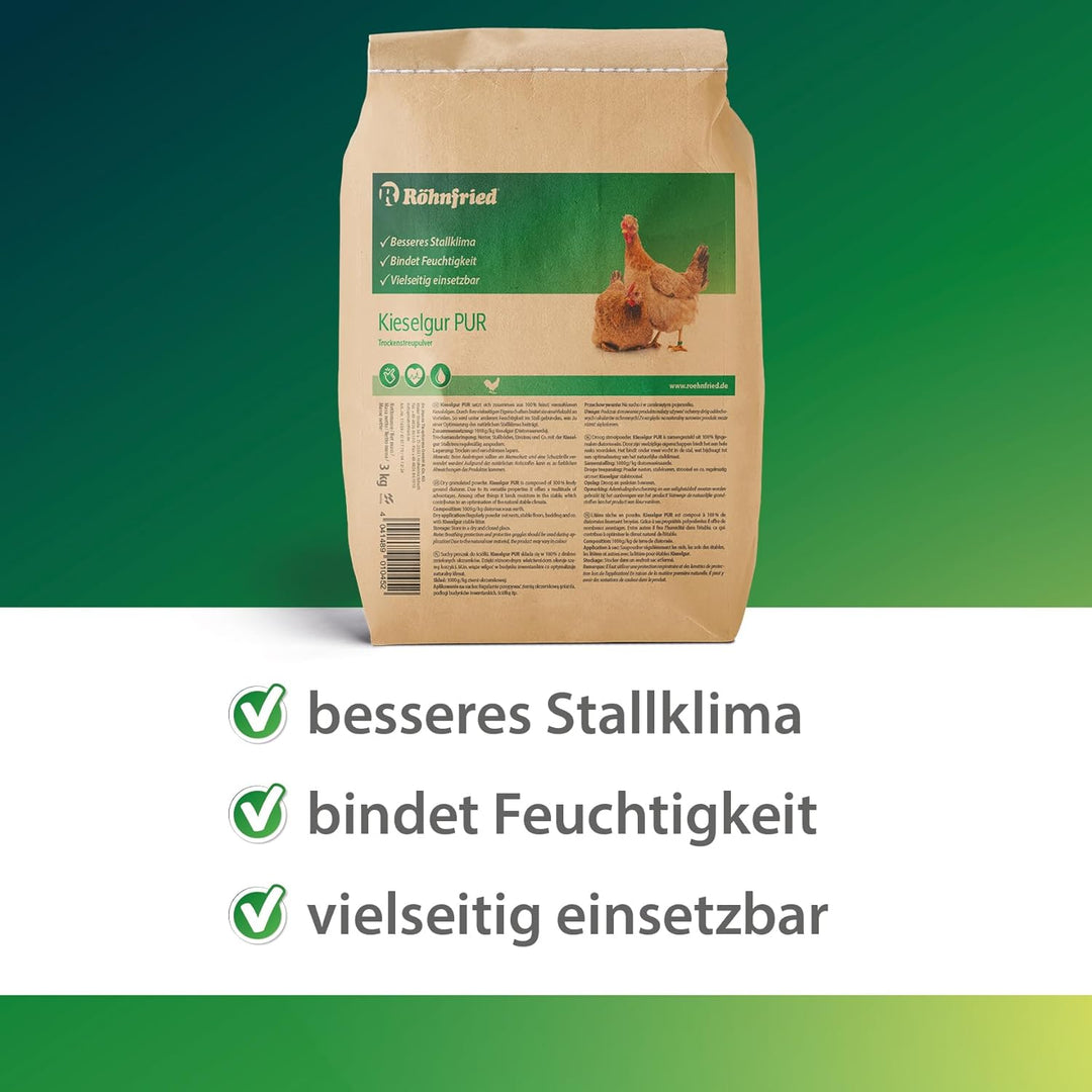 Röhnfried - Kieselgur PUR (3000 g) - Naturreine Kieselerde in Pulver-Form - für ihren Hühnerstall, K