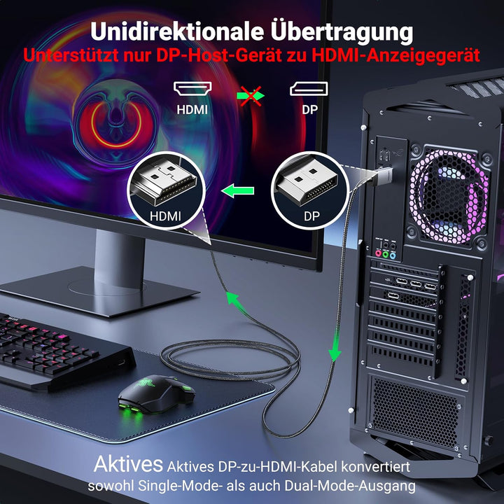UGREEN 4K@60Hz DisplayPort zu HDMI Kabel DP zu HDMI Kabel Uni-Direktional DP 1.2 zu HDMI 2.0 Kabel H