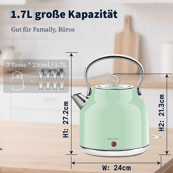 Huogary Wasserkocher - 1,7 L Edelstahl Wasserkocher mit Warmfunktion, 2000W Schnellkocher mit LED-An