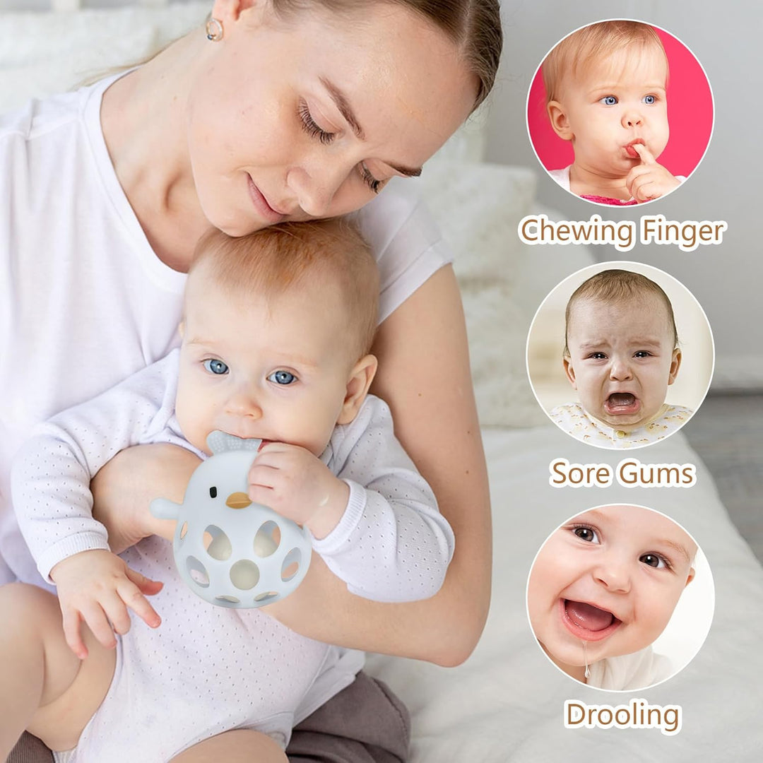 MCGMITT Baby Greifball Beissring aus BPA-freiem Silikon – Hühnchen-Rasselspielzeug Sensorik Motorik